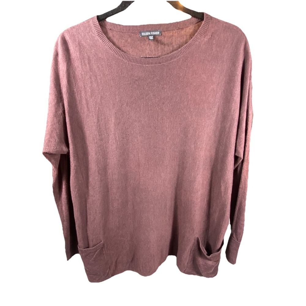 Eileen Fisher‎ Sweater Small Linen Blend Knit Patch Pockets Lightweight Neutral